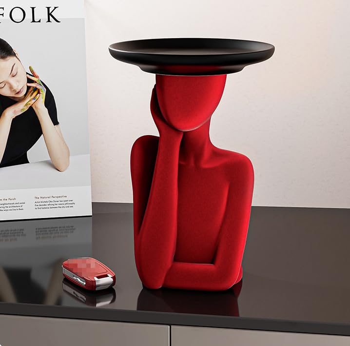 女性像 トレイ付き 装飾 彫刻 新築祝い ギフト 工芸品 モダンデコレーション 樹脂製 置物 オフィス リビングルーム用 (レッド,15*15*22cm)