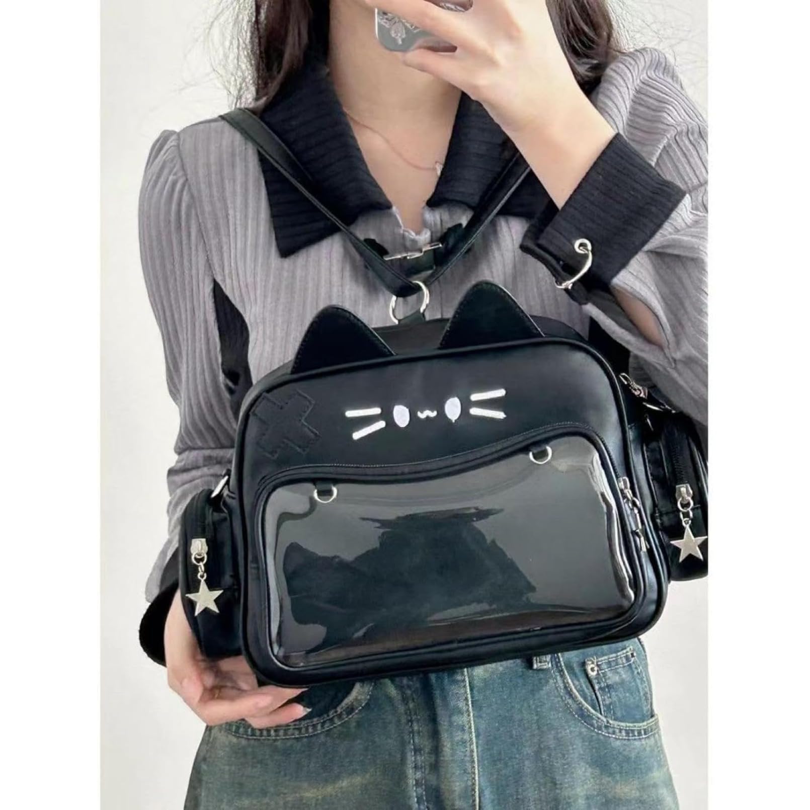 痛バッグ リュック 猫柄デザイン 大容量 女性用可愛いネコバッグ 通学 旅行 両肩 斜め掛け 手提げ