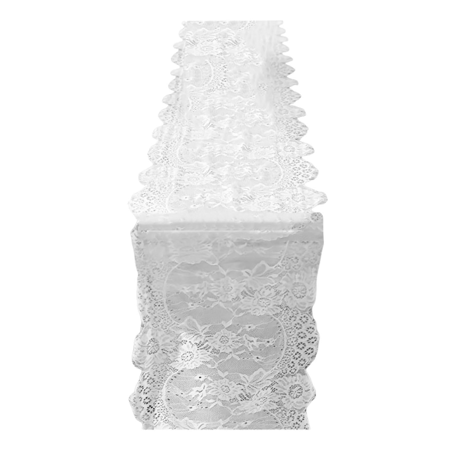 レーステーブルクロス 150×300cm 白 刺繍花柄 + タッセル装飾 ラスティック風 テーブルランナー・セン..