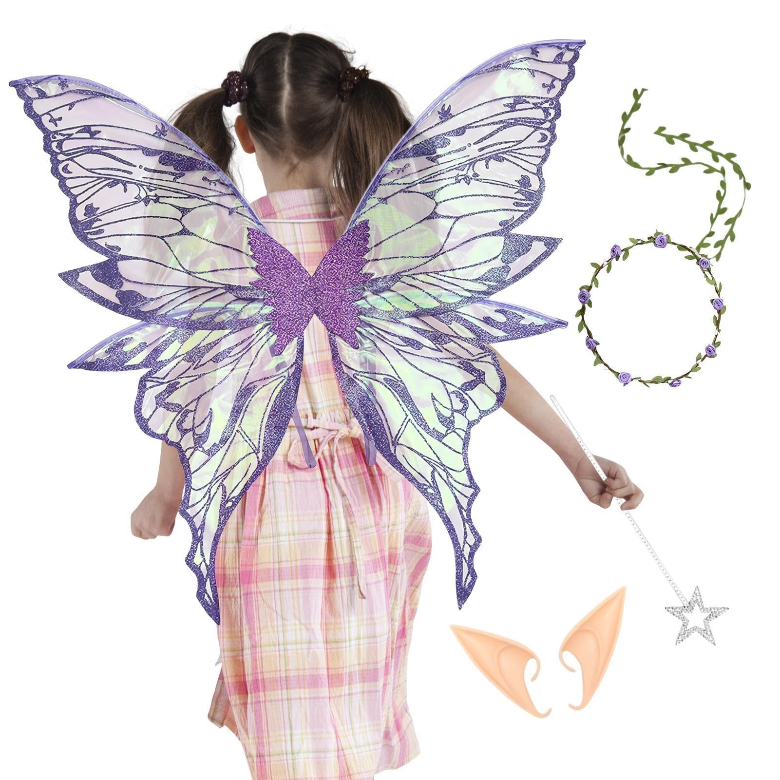 女の子用フェアリーウィングス - 天使の羽衣装セット 花飾りヘッドピースと魔法の杖と耳飾り付き | パ..