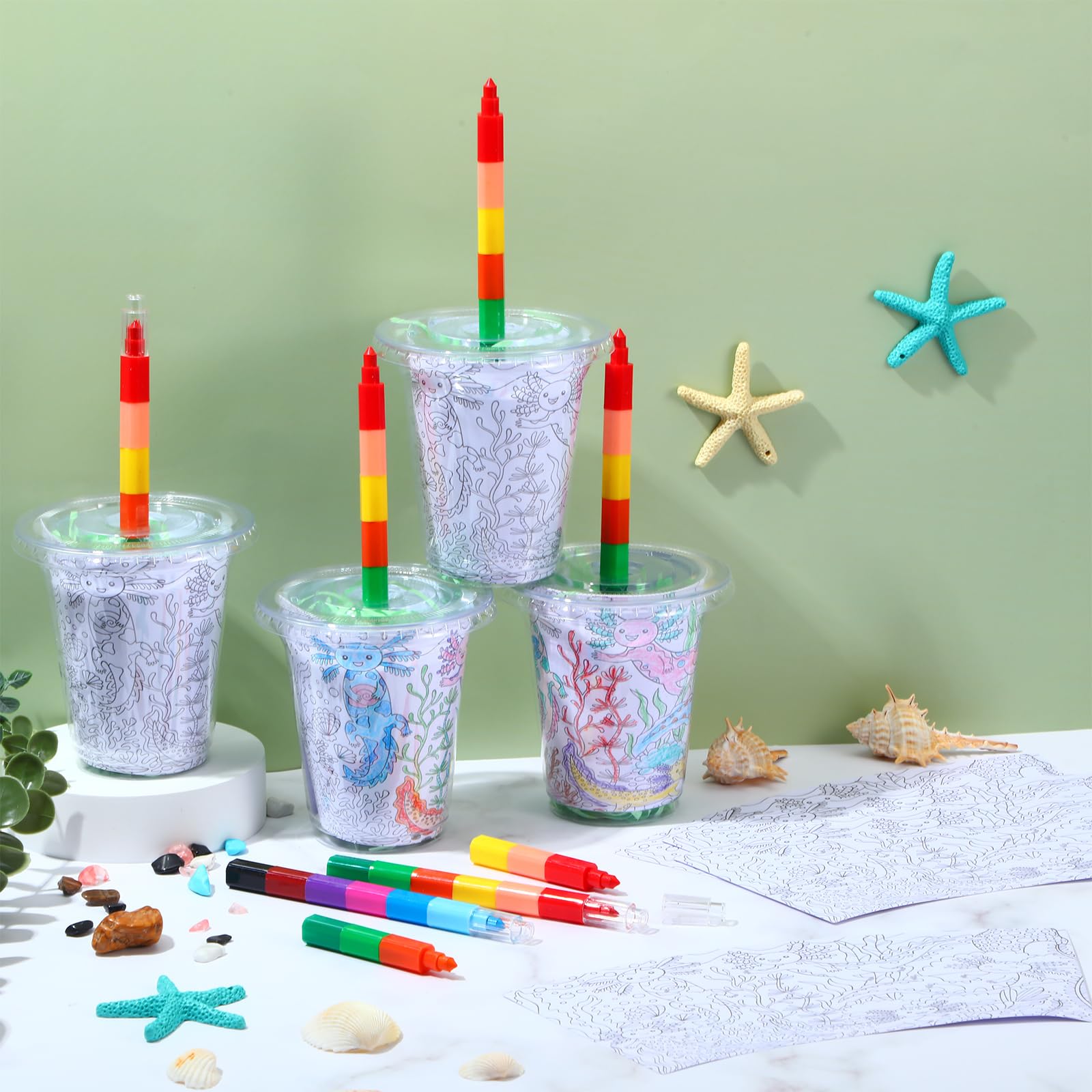 パーティー記念品セット 塗り絵本 積み重ね可能 クレヨンと14オンス 使い捨てカップ ギフト詰め物 グリ..