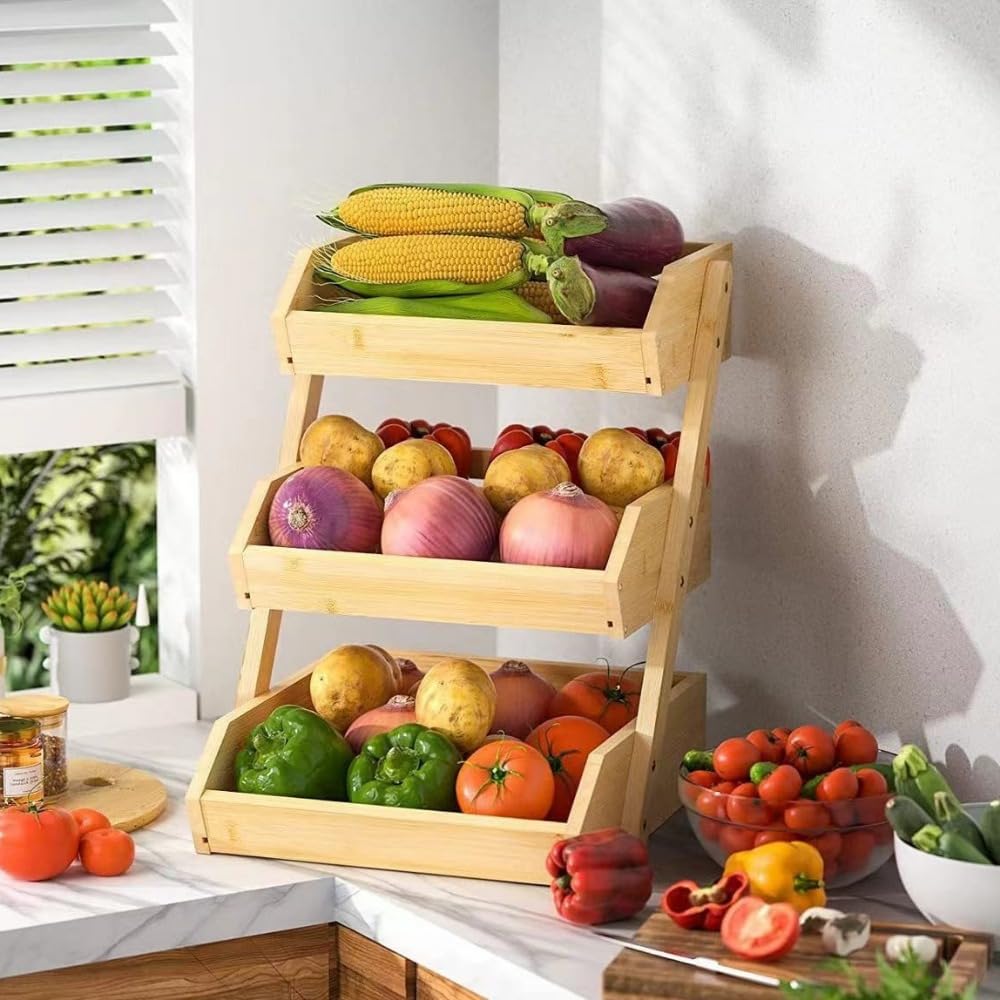 水切り付き竹製3層果物・野菜バスケット、天然竹素材、収納バスケット、家庭用キッチン、果物屋が使用でき ...