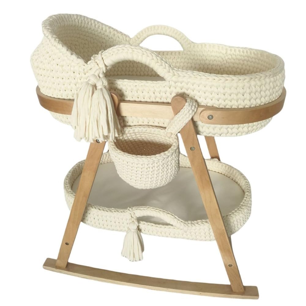 手作りのかぎ針編みのゆりかご、ポータブルフレーム、綿ロープ編みのベビーベッド布、新生児用ポータブ..
