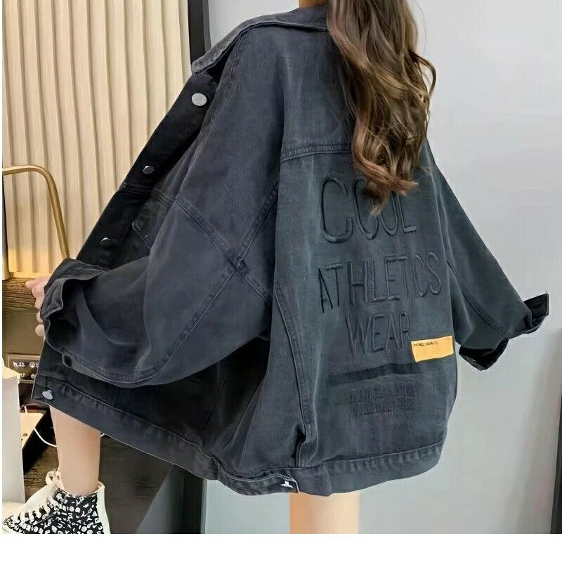 2025コーデに役立つ！デニムジャケット レディース デニムジャケットアルファベット刺繍女性ゆったりジ..