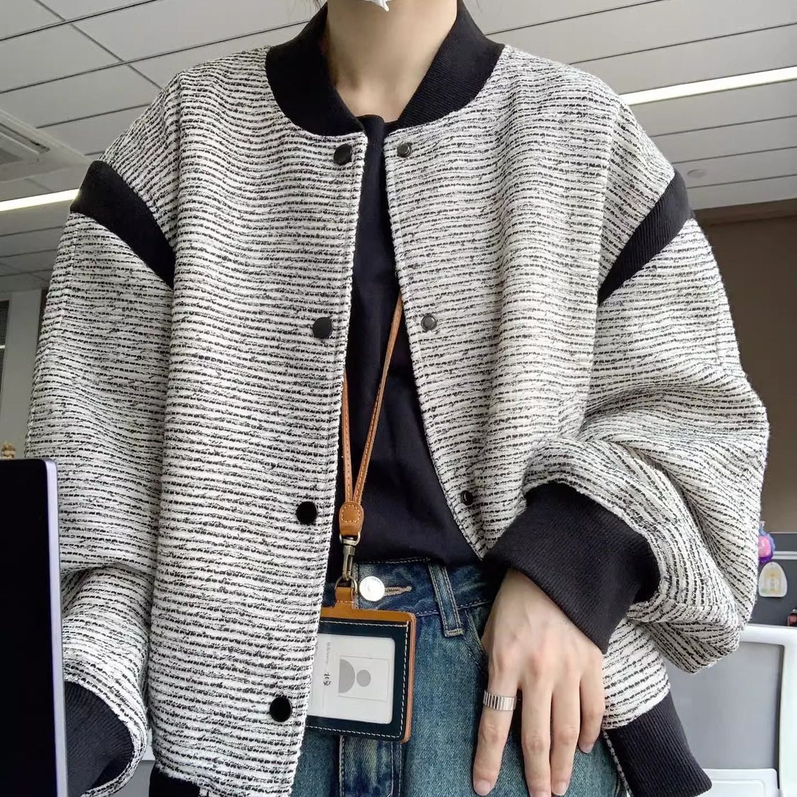 シンプル！ノーカラーコート春アウター通勤フレンチレトロコート春秋作ゆったり野球ウェアジャケットレ..