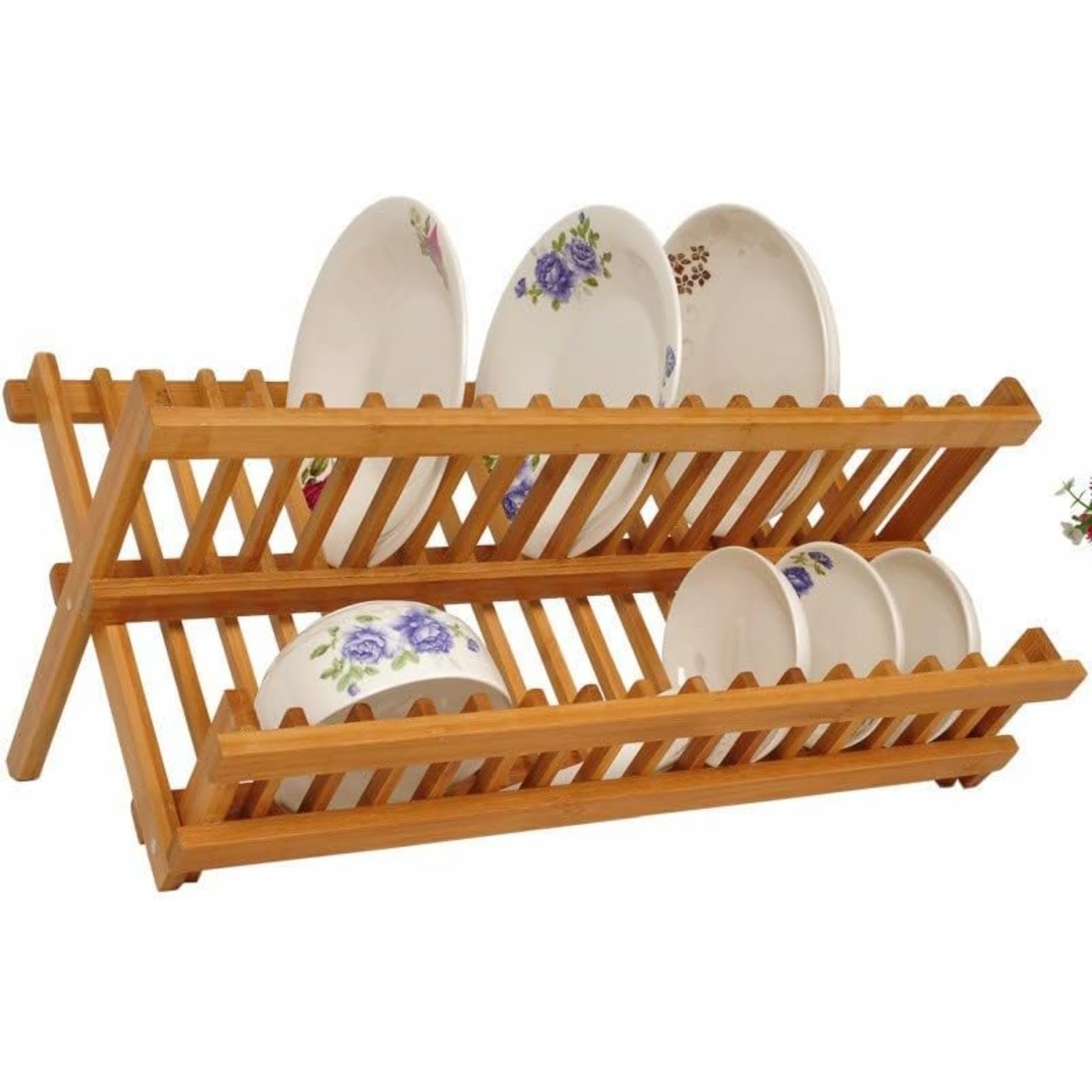 天然木製折りたたみ式ディッシュラック 水切りスタンド プレートお皿立て 台所収納便利グッズ