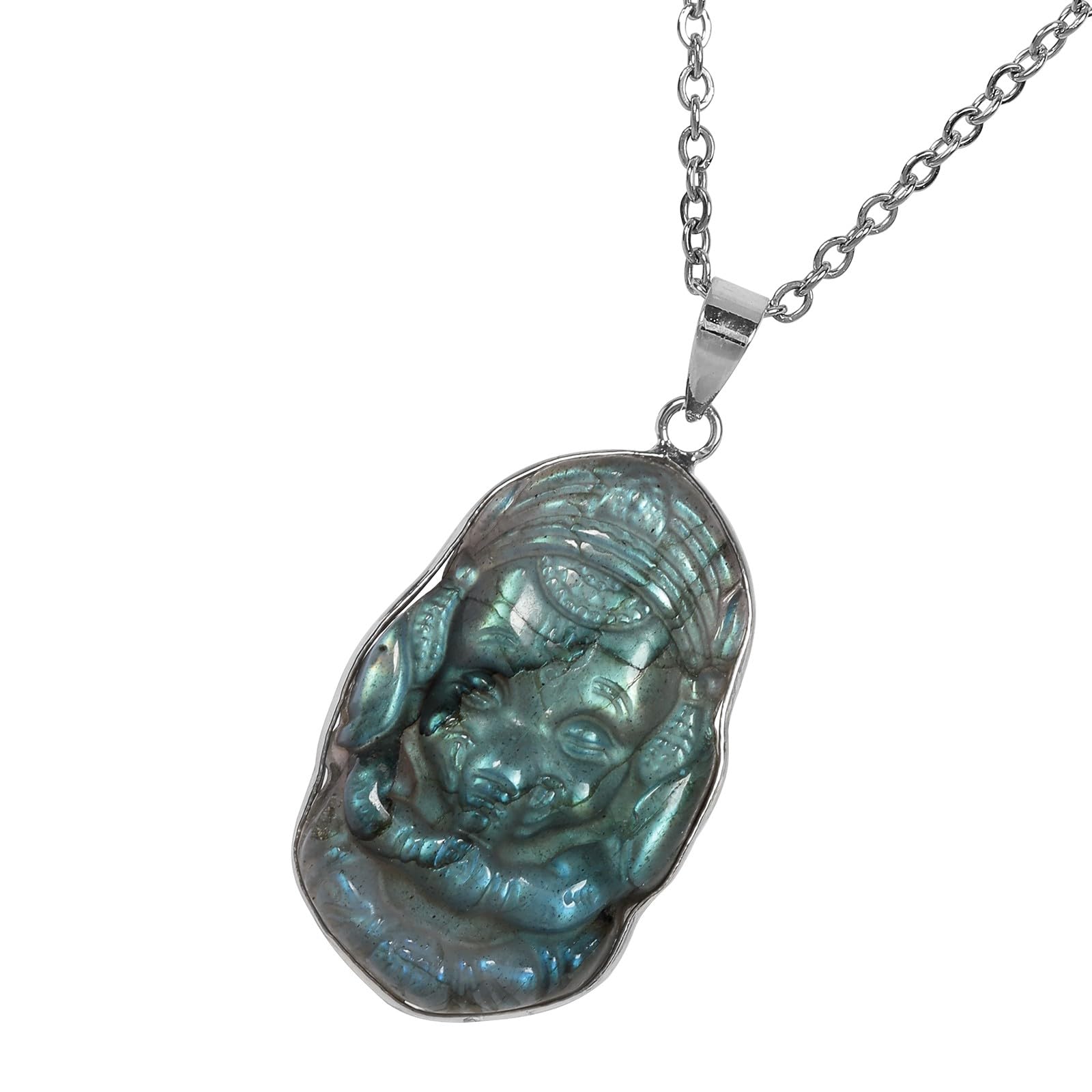 手彫り ラブラドライト ペンダント ネックレス ユニ 天然クリスタルストーン ネックレス 男女兼用 ステ..