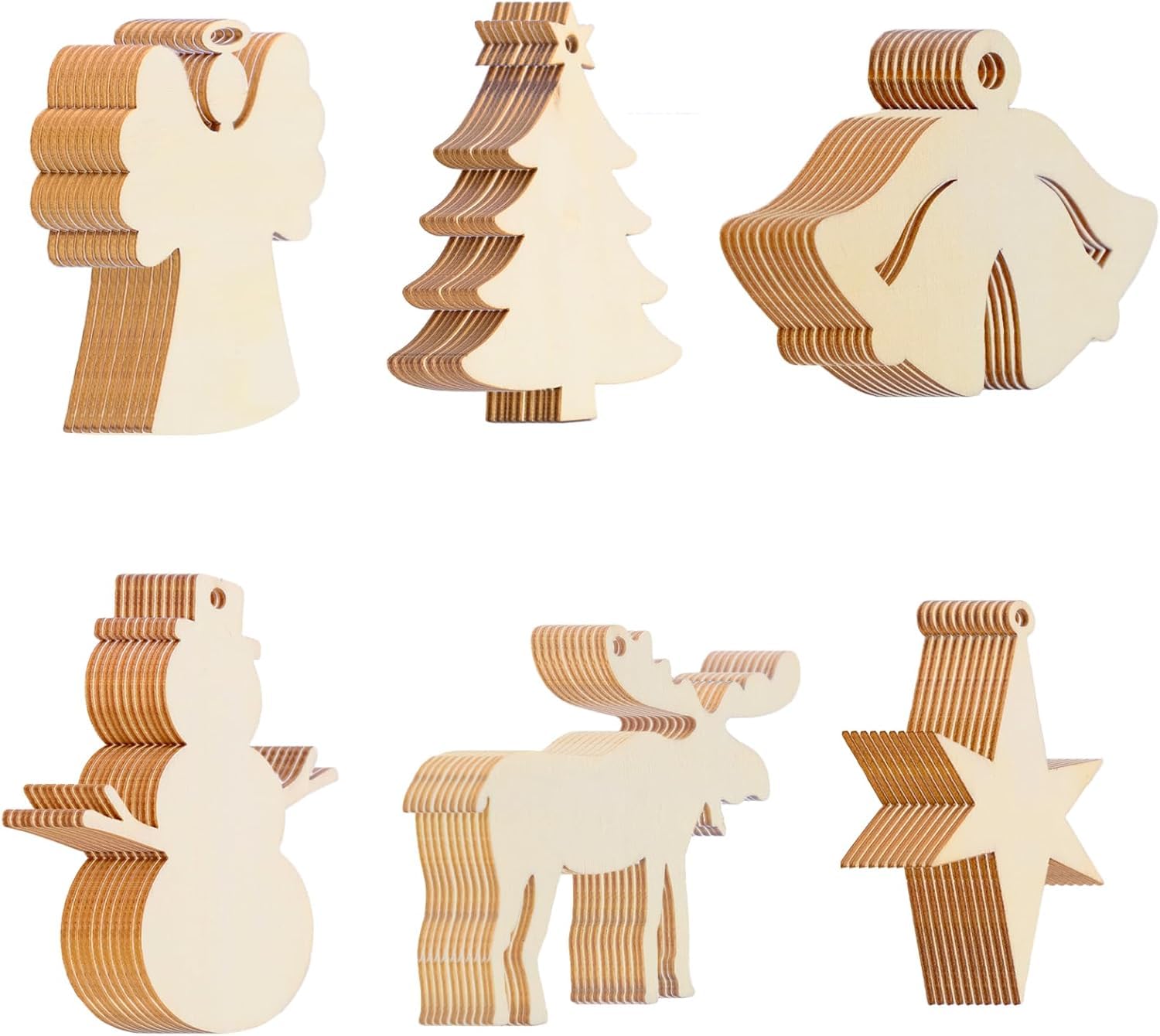 DIY木製クリスマスオーナメント60個、クリスマスツリーデコレーション用未完成の木製スライス、クリス..