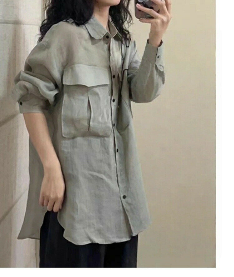 綿麻シャツ シャツ レディース トップス 長袖 ブラウス リネン 麻 リネンシャツ 長袖シャツ レギュラーシャツ カジュアル ナチュラル ゆったり 大きいサイズ 体型カバー ラージポケット 格好いい