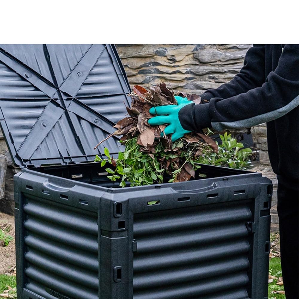 堆肥化コンポスター家庭用コンテナガーデンコンポスター堆肥作りプロセッサー食品廃棄物発酵タンク環境保護屋外有機肥料、生肥料処理、落ち葉処理、堆肥化、大容量家庭用肥料プロセッサー (450L-ブラック+グリーンドア)