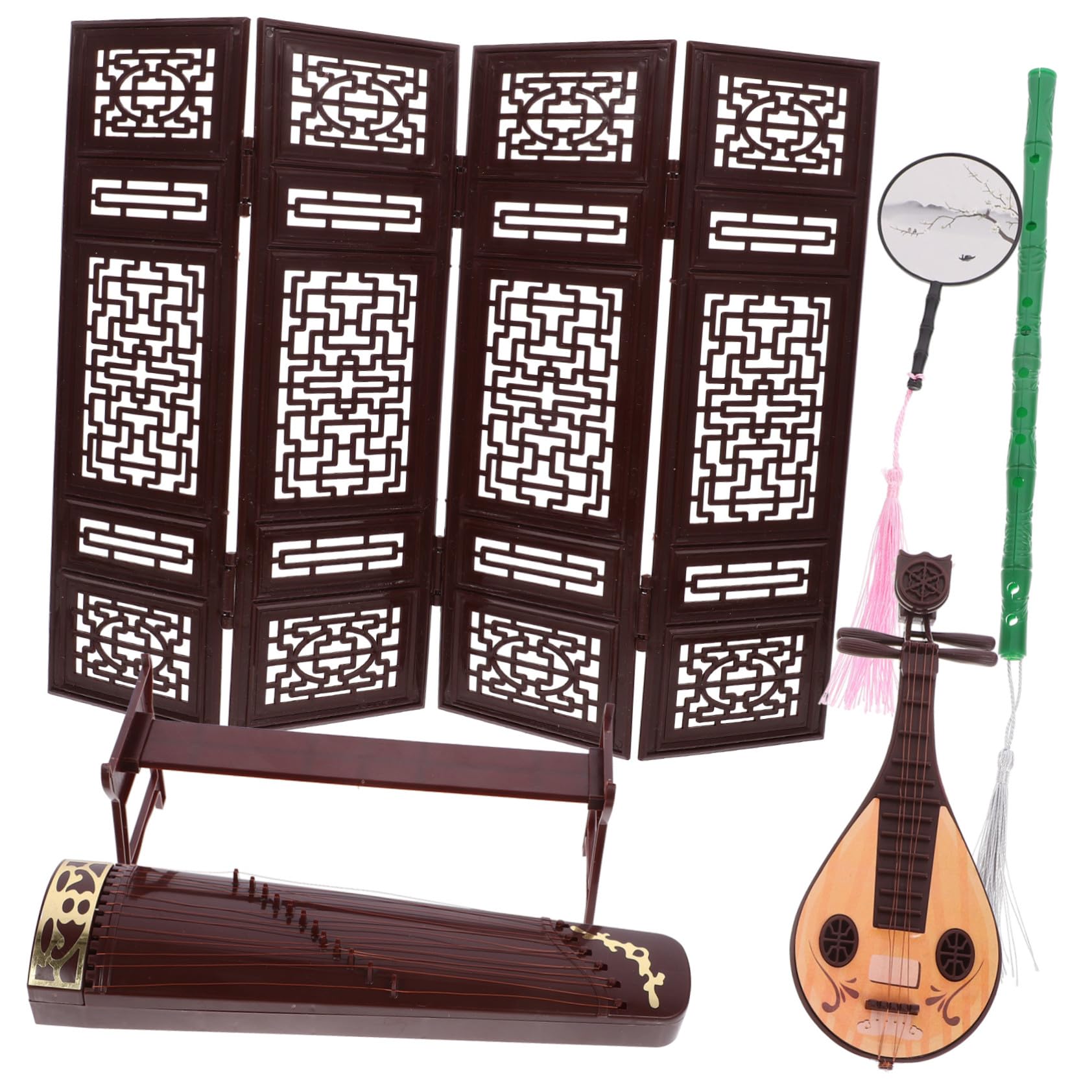 古典楽器スクリーン装飾 ミニチュア扇子 琵琶 古筝付き ドールハウスのインテリアや撮影用プロップに ..