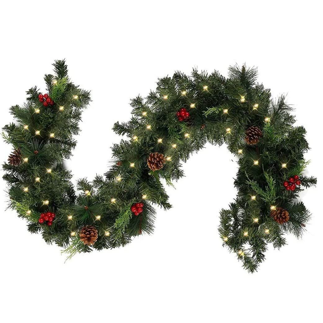 イルミネーション付きクリスマスガーランド、フェアリーライトと松の実付き、照明付きモミのガーランド..