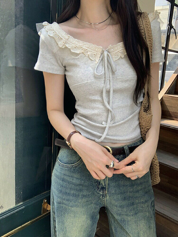 [Tシャツ] tシャツ 半袖 レディース 韓国レース半袖Tシャツ女性夏2025新しいユニークで美しい絶対に美しいトップス