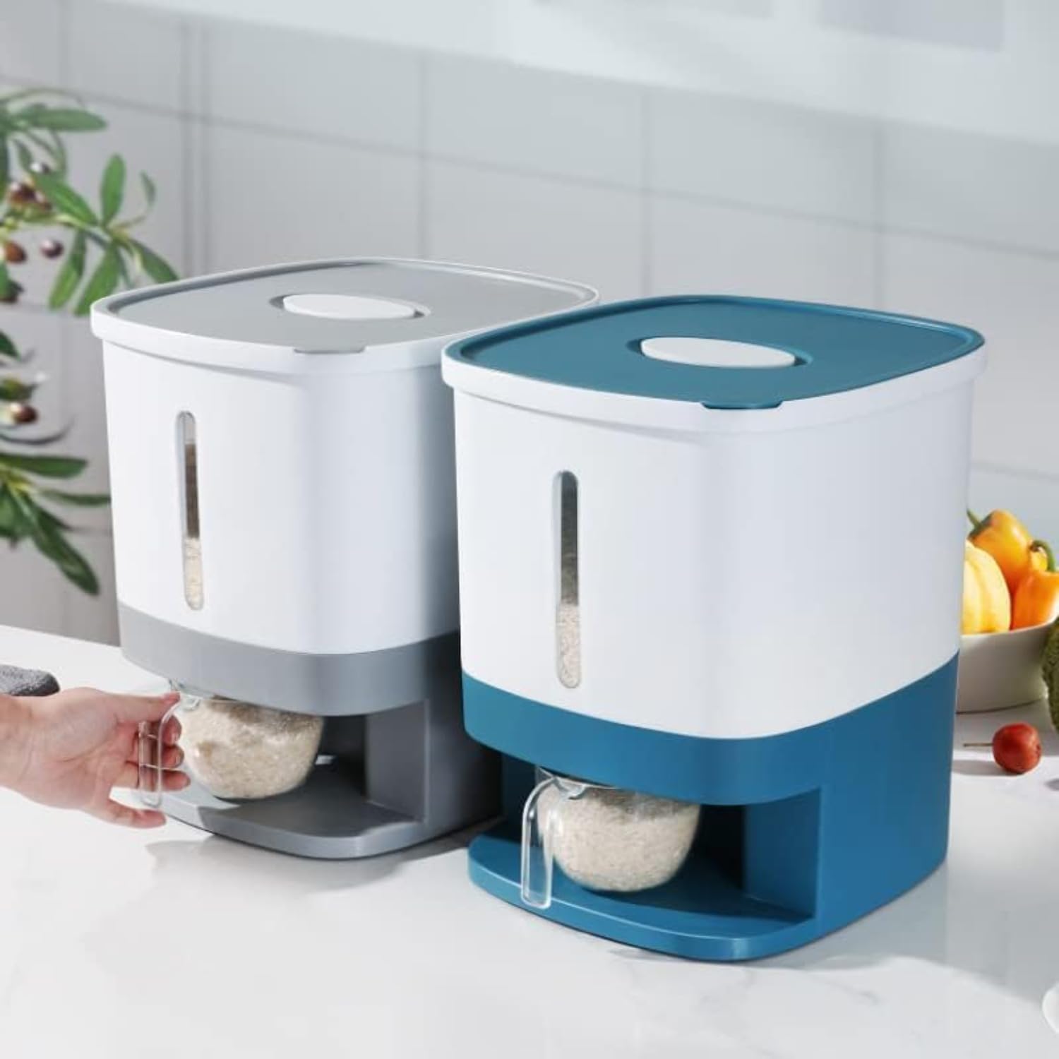 10kg 自動密閉式米びつ（計量カップ付き・防虫防湿スリム型） キッチン多用途貯蔵容器 米・小麦粉・コ..