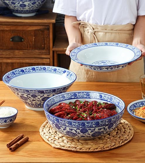 ヴィンテージ青白磁丼、ラーメンスープ丼うどんそばフォー用家庭用業務用牛丼,ブルー- (12インチストレ..