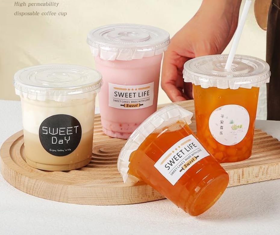 プラスチックカップ 蓋付き 透明 使い捨て カップ コーヒーカップ フラット 冷たいドリンクカップ パー..
