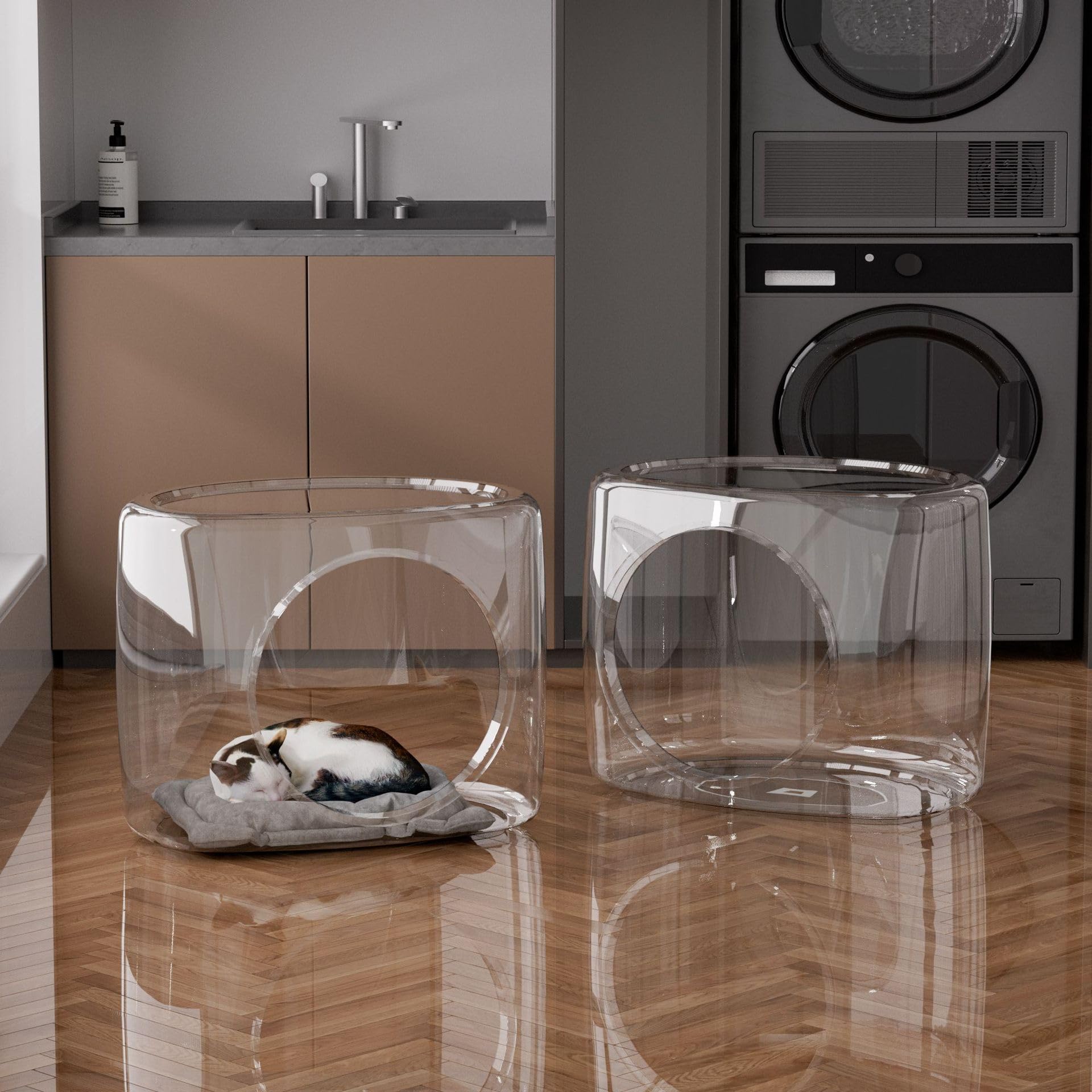 透明アクリル 猫用ベッド 金魚鉢型 大容量 隠れ家 水槽セット 衝突防止 安全快適な猫の巣