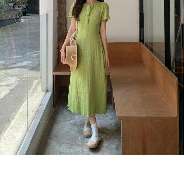 ワンピース ワンピ ドレス ニット サマーニット レディース エレガント きれいめ カジュアル 半袖 フリル 大人 可愛い フェミニン Aライン ミモレ シンプル ヘンリーネック 体型カバー リラック