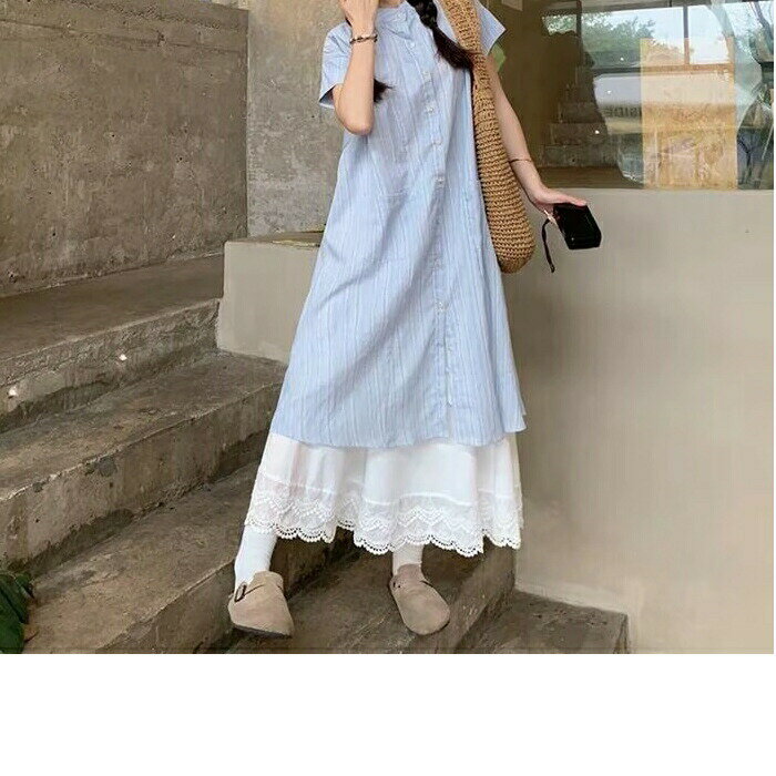 ワンピース ワンピ ドレス シャツワンピ ストライプ レディース エレガント きれいめ カジュアル 半袖 大人 可愛い フェミニン Aライン ミモレ丈 ゆったり シンプル レイヤード 体型カバー リラ