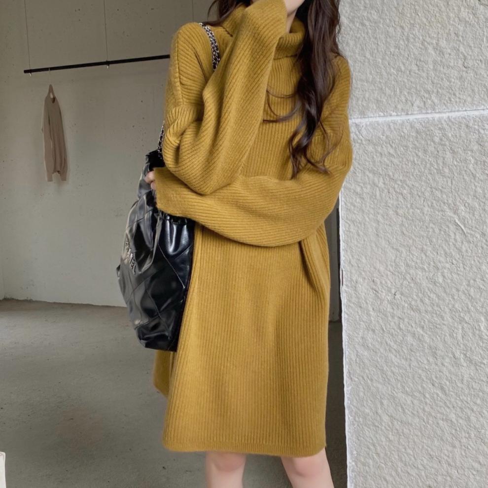 ニットワンピース 冬のワンピース 韓国ファッション 百掛け 着痩せスリム見え とろみ通勤ハイネックニットワンピースミドル丈インサイドアウトジャンパーファッション