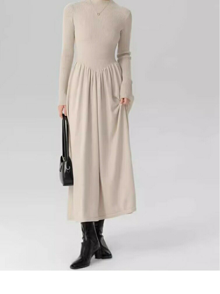 ニットワンピース 冬のワンピース 韓国ファッション 着痩せスリム見え 秋冬スリムドレープハーフハイネック長袖ニットワンピロングインナースカート女性
