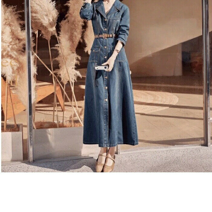 ワンピース ワンピ ドレス デニム 袖あり レディース エレガント きれいめ カジュアル 長袖 大人 可愛い フェミニン ナチュラル ミモレ丈 Aライン ウエストベルト 開襟 体型カバー 青 ブルー