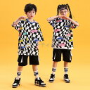格子縞 夏 半袖 HIPHOP メッセージロゴ ストリートダンス キッズダンス 2点セット コットン tシャツ ショーツ