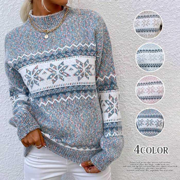 ニット セーター レディース 秋 冬 長袖 ミディアム丈 ハイネック トップス ノルディック柄 クリスマス..