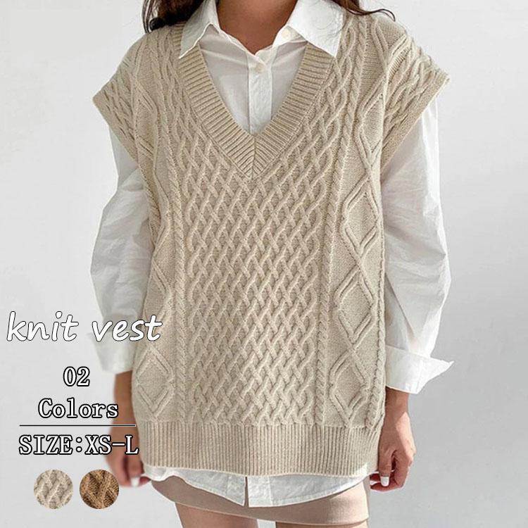 ケーブル編み ニットベスト レディース Vネック ニット ベスト ジレ ショート丈 ミドル丈 ニットタンク..