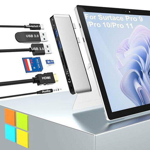 Surface Pro 9 ハブ 4K HDMI 変換アダプタ, USB-C Thunerbolt 4 (8Kビデオ+データ+100W PD充電), 2xUSB3.0, SD TFカードリーダー, 3.5 mmオーディオポート - サーフェスプロ11 Surface Pro 9 ハブ 4K HDMI 変換アダプタ, USB-C Thunerbolt 4 (8Kビデオ+データ+100W PD充電), 2xUSB3.0, SD TFカードリーダー, 3.5 mmオーディオポート - サーフェスプロ11