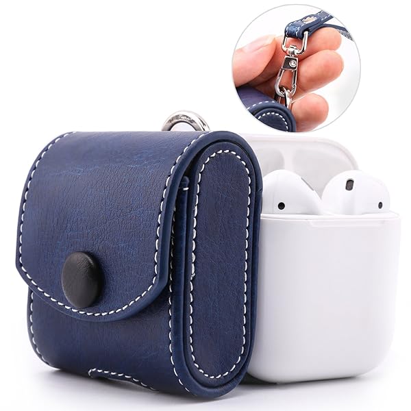 AirPods ケース AirPods 第1世代/第2世代 に適用 レザー 全面保護 ハンドストラップ付き 耐衝撃 落下防止 エポッズ ケース エアポッド ケース 可愛い オシャレ 軽量 Indigo