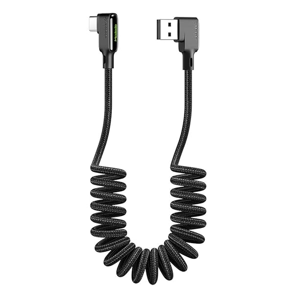 L字型 カールタイプC 1.8m USB 両面挿せ ケーブル 90度曲げ LEDライト付き 3A急速充電 QC 4.0 USB Type - C to USB - A 2.0 高速データ転送 コイル状 高耐久 断線防止 ナイロン編み 格納式ポータブル