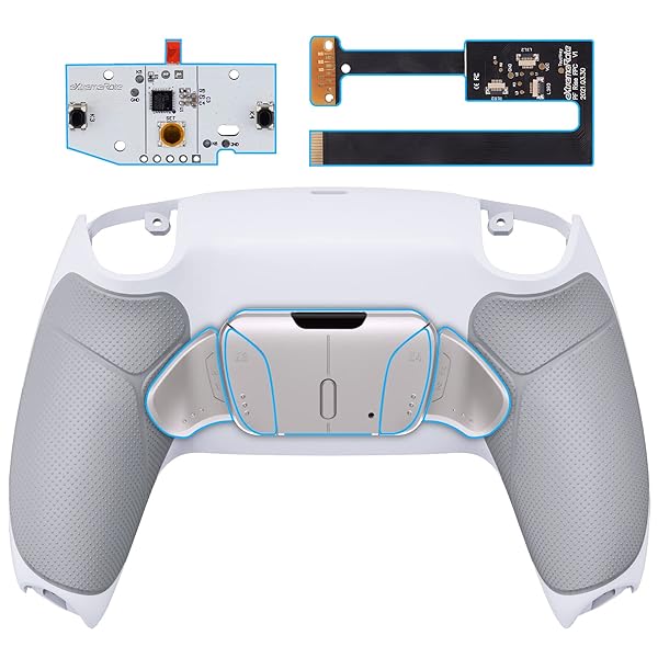 ps5コントローラーBDM-010&BDM-020に対応用プログラムできる背面パドル金属バージョンRISE4リマップキット、ps5コントローラーに対応用アップグレードボードとラバーグリップ付き再設計された白いバックケース&シルバー背面ボタン4つ‐ps