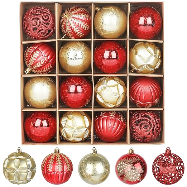 楽天きらり堂クリスマス ボール オーナメント ツリー 飾り 16PCS・8CM・5種類 キラキラ 北欧風 おしゃれ 豪華 プレゼント （8CM, C赤＆金）