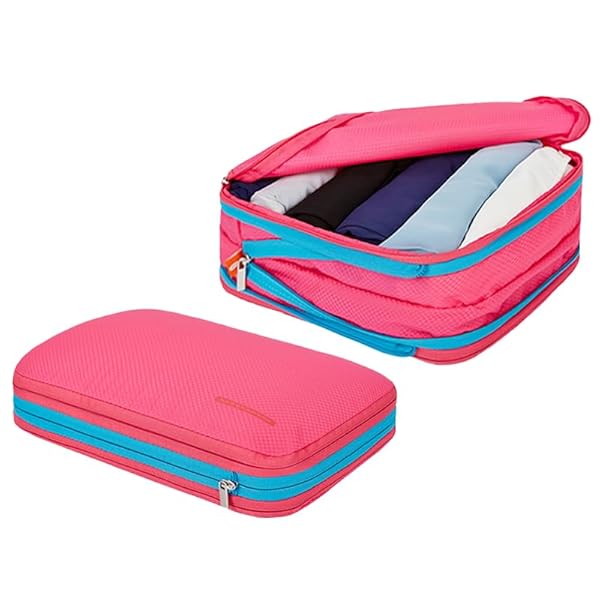 圧縮バッグ 旅行用圧縮袋 9L 衣類収納 ファスナー 拡張可能 ペース節約 2 つの収納コンパートメント 軽量 出張 旅行 便利グッズ (ローズレッド,2点セット)