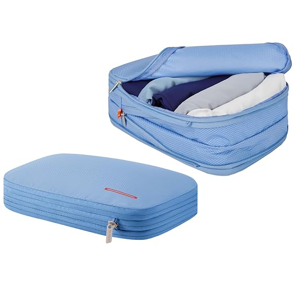 トラベルポーチ 旅行用圧縮袋 圧縮バッグ 9L 衣類収納 ファスナー 拡張可能 ペース節約 2 つの収納コンパートメント 軽量 出張 旅行 便利グッズ (ライトブルー,2点セット)