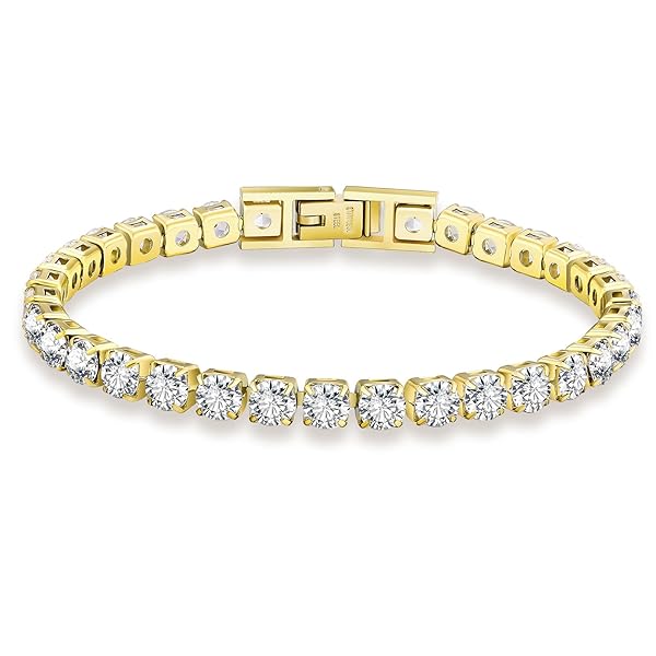KRKC&CO テニスブレスレット レディース 幅5mm ジルコニア K14金メッキ サージカルステンレス CZダイヤ メンズ ブレス 金属アレルギー対応 キラキラ ジュエリー ブリンブリン 記念日 誕生日 ギフト(ゴールド,19.0cm)