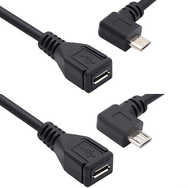 CY Micro USB 2.0 オス - Micro USB 2.0メス延長ケーブル 左右 90度角度付き フルピン接続 0.5M