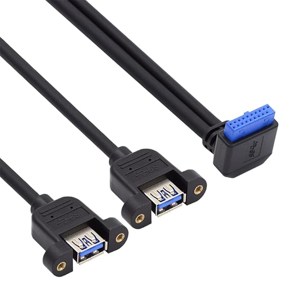 5Gbps 19/20ピン マザーボードヘッダー - USB 3.0デュアルポート メスネジマウントタイプ延長ケーブル 90度ダウンアングル