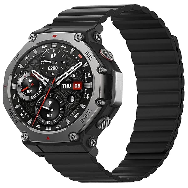 時計バンドFor Amazfit T-Rex 3用バンド マグネット式 磁気吸着 シリコン表面 スムース手触り (ブラック)