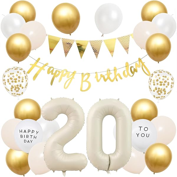 誕生日 バルーン 風船セット 飾り付け 20歳 happy birthday ガーランド バースデー 飾り ハッピーバースデー 大きい数字 紙吹雪風船 パーティー プレゼント サプライズ 大人 女の子 ゴールド くすみホワイト
