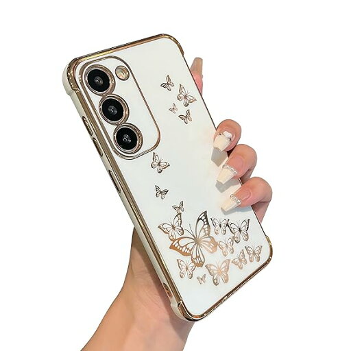 Samsung Galaxy S23 ケース用、電気メッキ バタフライ ゴールド エッジ - かわいい耐衝撃性スリム TPU バンパー電話ケース Samsung Galaxy S23 5G用 - 白 Samsung Galaxy S23 ケース用、電気メッキ バタフライ ゴールド エッジ - かわいい耐衝撃性スリム TPU バンパー電話ケース Samsung Galaxy S23 5G用 - 白