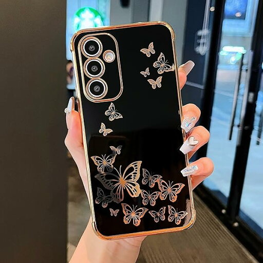 Samsung Galaxy A15 ケース用、電気メッキ バタフライ ゴールド エッジ - かわいい耐衝撃性スリム TPU バンパー電話ケース Samsung A15 4G/5G用 - 黒 Samsung Galaxy A15 ケース用、電気メッキ バタフライ ゴールド エッジ - かわいい耐衝撃性スリム TPU バンパー電話ケース Samsung A15 4G/5G用 - 黒