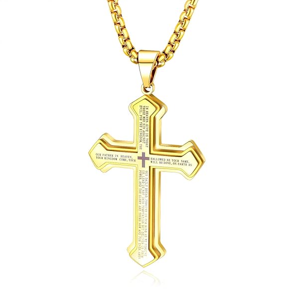 人気 ブランド ネックレス ゴールド 18金 十字架 メンズ ステンレスチェーン シンプル クロスペンダント 刻印 お守り 大きい十字架 アンティーク (金)