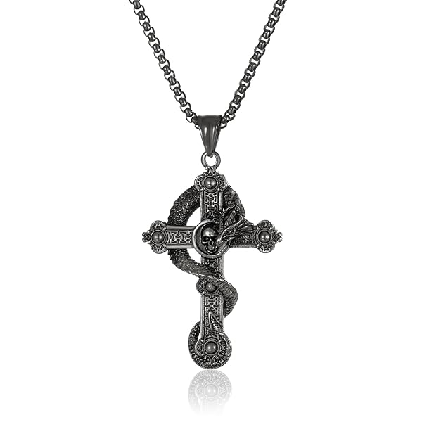 人気 ブランド 十字架 ネックレス メンズ ゴールド 18金 ステンレスチェーン 60cm ペンダント 金龍 ドラゴン 竜 金運 アンティーク風 (ブラック)