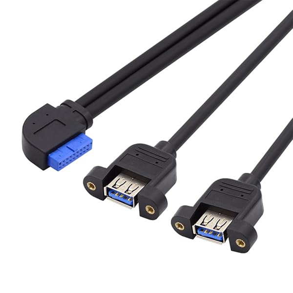 5Gbps 19/20ピン マザーボードヘッダー - USB 3.0デュアルポート メスネジマウントタイプ延長ケーブル 90度直角