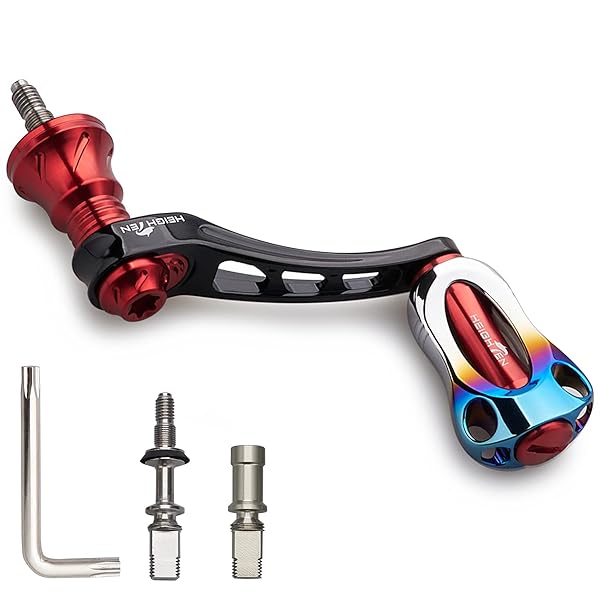 45-50mm可変 リール ハンドル 22mm アルミ ノブ / 20mm カーボンノブ搭載 シマノ ダイワ 通用 スピニングリール 用 Arch Series (焼き色アルミノブ搭載 - ブラック＆レッド) (949)(4)