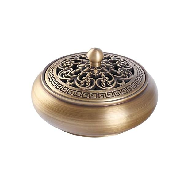 香炉(机上香炉) 香炉皿 お香立て 丸香炉 銅香炉 銅器 アンティーク調 蓋付き お香立て付き (真鍮色)