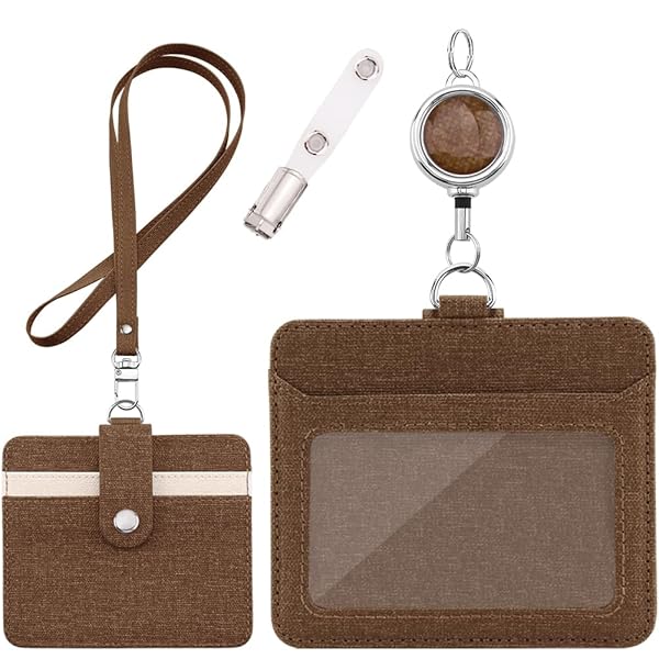 IDカードホルダー - 横型&縦型 IDカードケース ネームホルダー 両面用 名札 パスケース 胸ポケットクリップ&伸縮リール式 クリップストラップ付き（横型ブラウン）