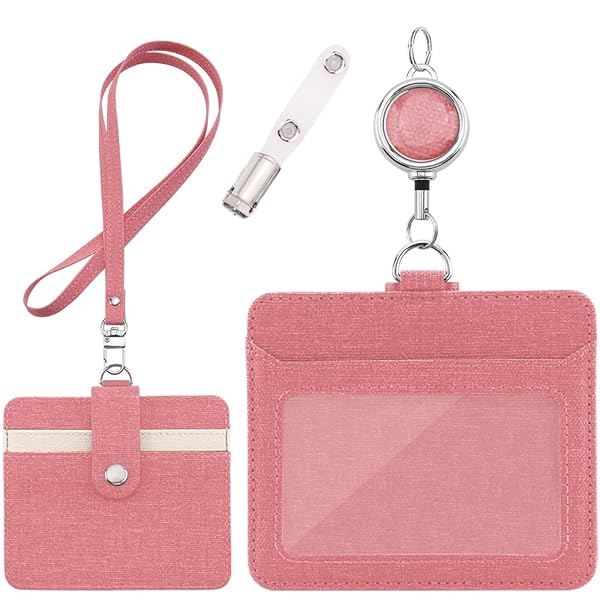 IDカードホルダー - 横型&縦型 IDカードケース ネームホルダー 両面用 名札 パスケース 胸ポケットクリップ&伸縮リール式 クリップストラップ付き（横型ピンク）